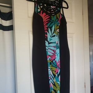 Nicole Miller Tropical Print Black Dress